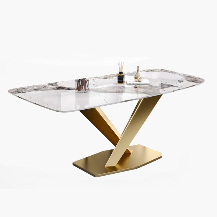 Rectangle Glam Dining Table White Tone Fixed Table with Sintered Stone Without Chairs Clearhalo ' dining_table' 'Dining Tables & Seating' 'Dining Tables' 'furn' 'furn_dining_table' 'Furniture' 'furniture_dining_table' 'Kitchen & Dining Furniture' 'kitchen&dining_furn' 'kitchen' 'kitchen_dining_table' 4033109