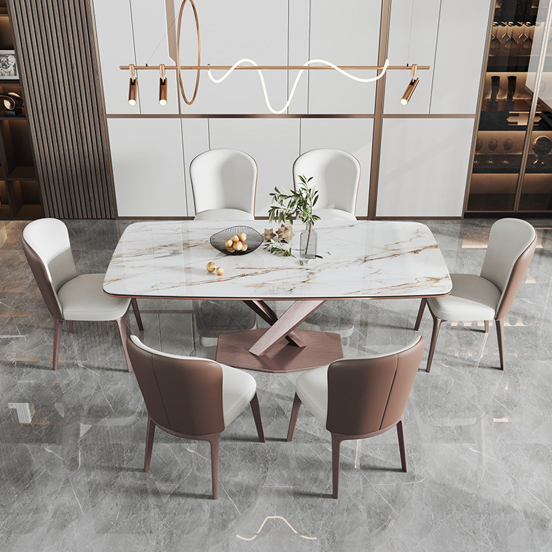 Glam Rectangle White Dining Table Sintered Stone Top Kitchen Dining Table with Pedestal Base Clearhalo ' dining_table' 'Dining Tables & Seating' 'Dining Tables' 'furn' 'furn_dining_table' 'Furniture' 'furniture_dining_table' 'Kitchen & Dining Furniture' 'kitchen&dining_furn' 'kitchen' 'kitchen_dining_table' 4033453