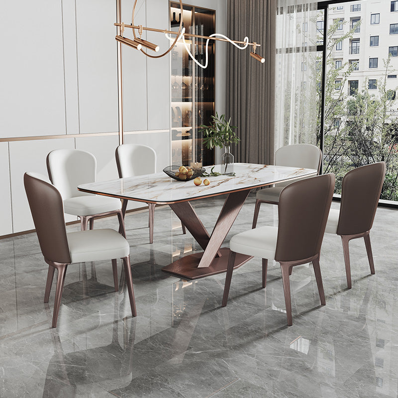 Glam Rectangle White Dining Table Sintered Stone Top Kitchen Dining Table with Pedestal Base Clearhalo ' dining_table' 'Dining Tables & Seating' 'Dining Tables' 'furn' 'furn_dining_table' 'Furniture' 'furniture_dining_table' 'Kitchen & Dining Furniture' 'kitchen&dining_furn' 'kitchen' 'kitchen_dining_table' 4033454