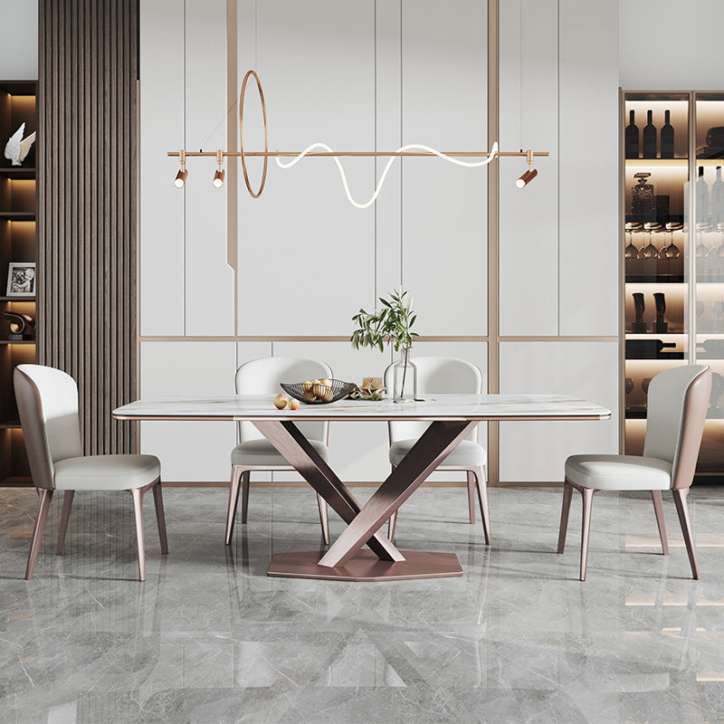 Glam Rectangle White Dining Table Sintered Stone Top Kitchen Dining Table with Pedestal Base Clearhalo ' dining_table' 'Dining Tables & Seating' 'Dining Tables' 'furn' 'furn_dining_table' 'Furniture' 'furniture_dining_table' 'Kitchen & Dining Furniture' 'kitchen&dining_furn' 'kitchen' 'kitchen_dining_table' 4033455
