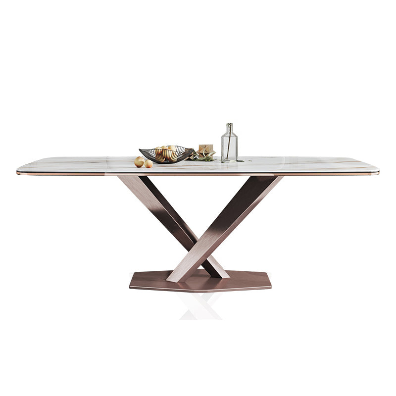 Glam Rectangle White Dining Table Sintered Stone Top Kitchen Dining Table with Pedestal Base Without Chairs Clearhalo ' dining_table' 'Dining Tables & Seating' 'Dining Tables' 'furn' 'furn_dining_table' 'Furniture' 'furniture_dining_table' 'Kitchen & Dining Furniture' 'kitchen&dining_furn' 'kitchen' 'kitchen_dining_table' 4033456