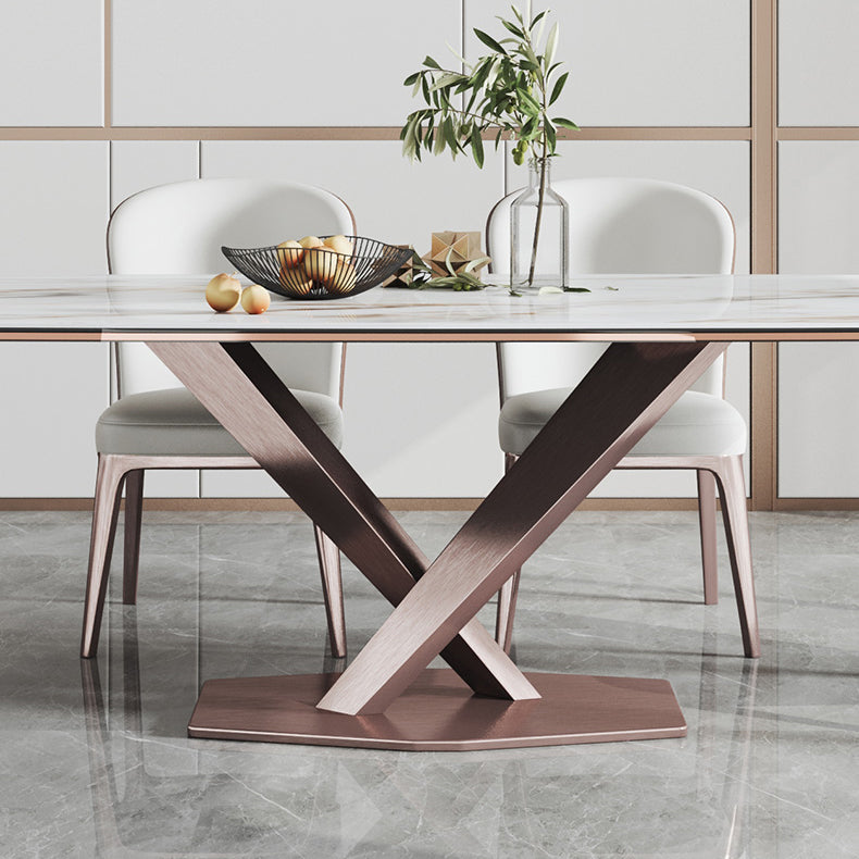 Glam Rectangle White Dining Table Sintered Stone Top Kitchen Dining Table with Pedestal Base Clearhalo ' dining_table' 'Dining Tables & Seating' 'Dining Tables' 'furn' 'furn_dining_table' 'Furniture' 'furniture_dining_table' 'Kitchen & Dining Furniture' 'kitchen&dining_furn' 'kitchen' 'kitchen_dining_table' 4033458