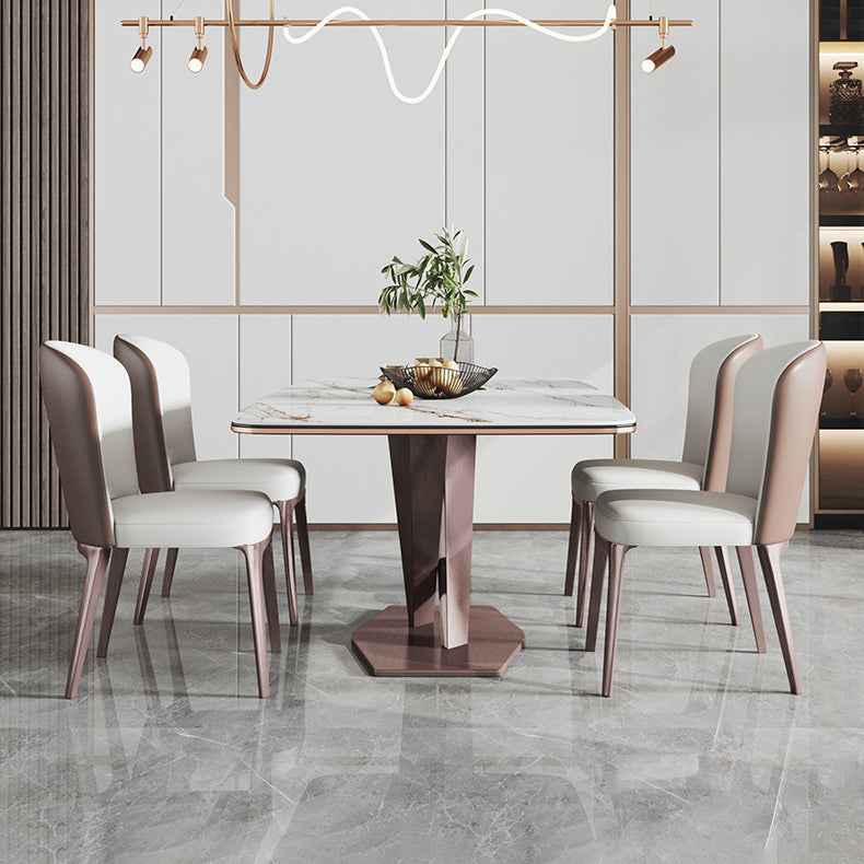 Glam Rectangle White Dining Table Sintered Stone Top Kitchen Dining Table with Pedestal Base Clearhalo ' dining_table' 'Dining Tables & Seating' 'Dining Tables' 'furn' 'furn_dining_table' 'Furniture' 'furniture_dining_table' 'Kitchen & Dining Furniture' 'kitchen&dining_furn' 'kitchen' 'kitchen_dining_table' 4033460