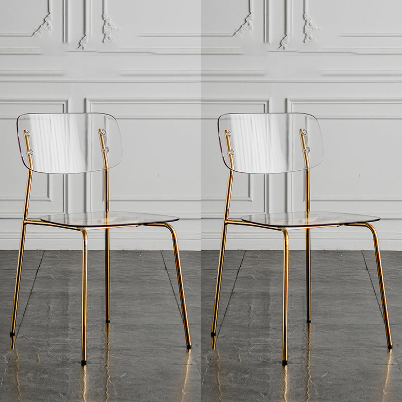 Glam Style Plastic Dining Armless Chairs Stacking Open Back Dining Chair Clear 2 Piece Set Brass Gold Clearhalo ' kitchen&dining_furn' 'Dining Chairs' 'Dining Tables & Seating' 'dining_chair' 'furn' 'furn_dining_chair' 'Furniture' 'furniture_dining_chair' 'Kitchen & Dining Furniture' 'kitchen' 4038974