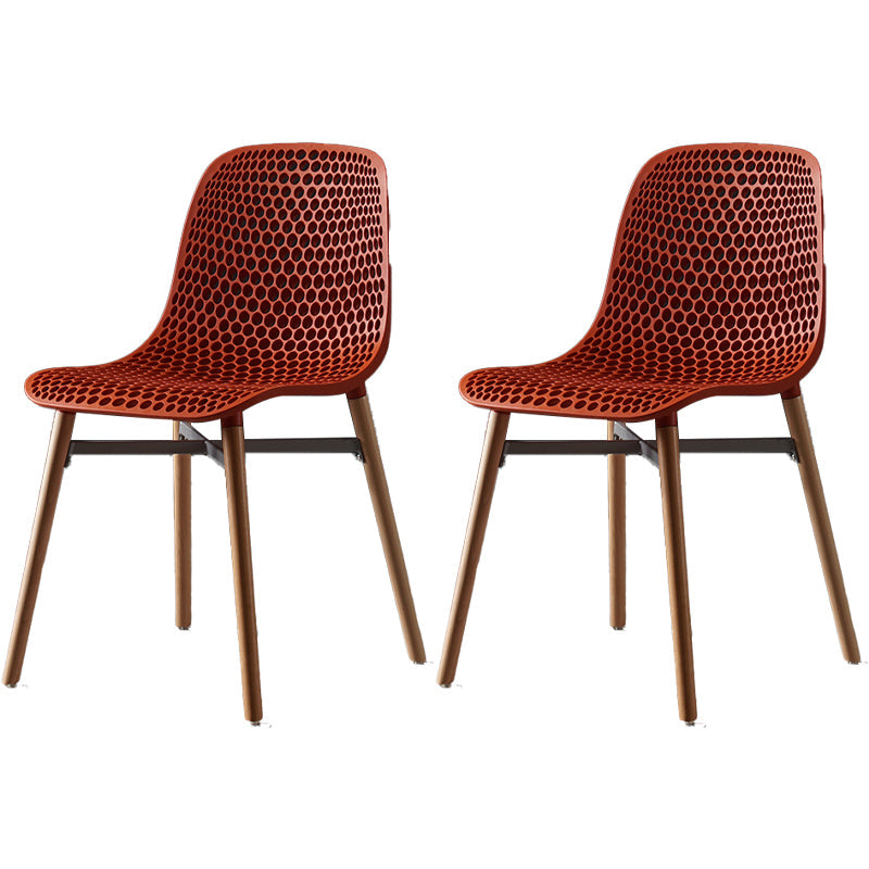 Scandinavian Style Plastic Dining Armless Chair Solid Back Chair with Wooden Legs Red 2 Piece Set Clearhalo ' kitchen&dining_furn' 'Dining Chairs' 'Dining Tables & Seating' 'dining_chair' 'furn' 'furn_dining_chair' 'Furniture' 'furniture_dining_chair' 'Kitchen & Dining Furniture' 'kitchen' 4039142