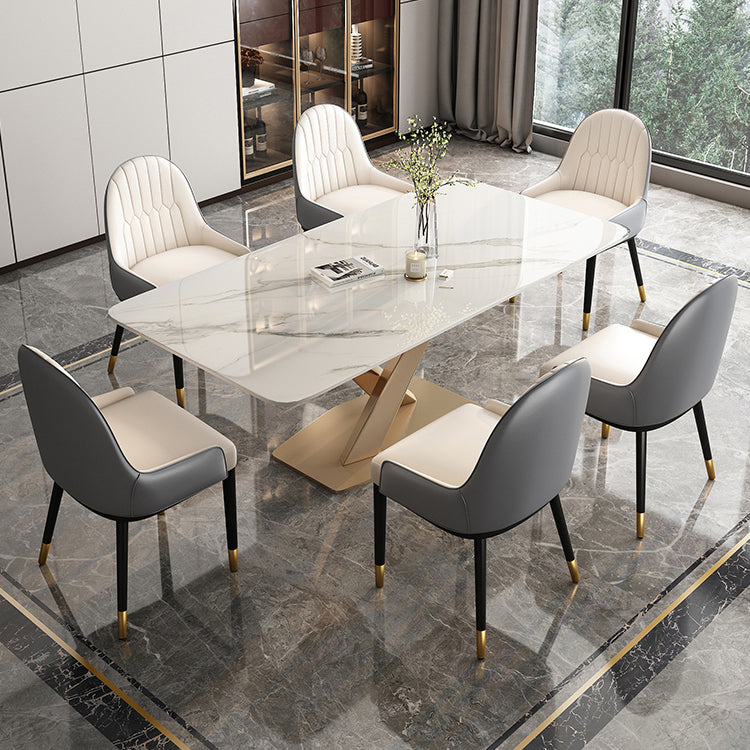 Glam Sintered Stone Top Dining Table White Rectangle Shape Dining Table with Pedestal Base Clearhalo ' dining_table' 'Dining Tables & Seating' 'Dining Tables' 'furn' 'furn_dining_table' 'Furniture' 'furniture_dining_table' 'Kitchen & Dining Furniture' 'kitchen&dining_furn' 'kitchen' 'kitchen_dining_table' 4050708