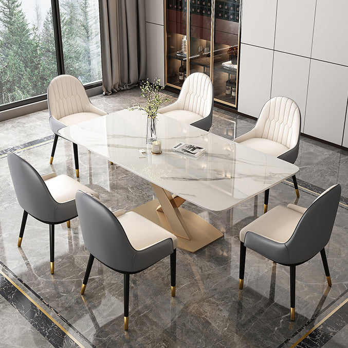 Glam Sintered Stone Top Dining Table White Rectangle Shape Dining Table with Pedestal Base Clearhalo ' dining_table' 'Dining Tables & Seating' 'Dining Tables' 'furn' 'furn_dining_table' 'Furniture' 'furniture_dining_table' 'Kitchen & Dining Furniture' 'kitchen&dining_furn' 'kitchen' 'kitchen_dining_table' 4050710