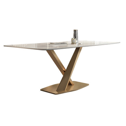 Glam Sintered Stone Top Dining Table White Rectangle Shape Dining Table with Pedestal Base Without Chairs Clearhalo ' dining_table' 'Dining Tables & Seating' 'Dining Tables' 'furn' 'furn_dining_table' 'Furniture' 'furniture_dining_table' 'Kitchen & Dining Furniture' 'kitchen&dining_furn' 'kitchen' 'kitchen_dining_table' 4050712