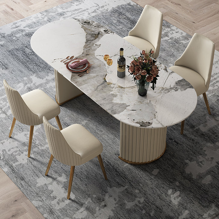 Glam Sintered Stone Top Dining Table Standard Kitchen Dining Table with Double Pedestal Bases Pandora Gold Without Chairs Clearhalo ' dining_table' 'Dining Tables & Seating' 'Dining Tables' 'furn' 'furn_dining_table' 'Furniture' 'furniture_dining_table' 'Kitchen & Dining Furniture' 'kitchen&dining_furn' 'kitchen' 'kitchen_dining_table' 4050801