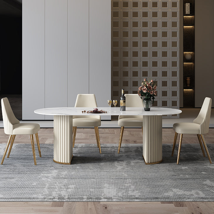 Glam Sintered Stone Top Dining Table Standard Kitchen Dining Table with Double Pedestal Bases Clearhalo ' dining_table' 'Dining Tables & Seating' 'Dining Tables' 'furn' 'furn_dining_table' 'Furniture' 'furniture_dining_table' 'Kitchen & Dining Furniture' 'kitchen&dining_furn' 'kitchen' 'kitchen_dining_table' 4050806