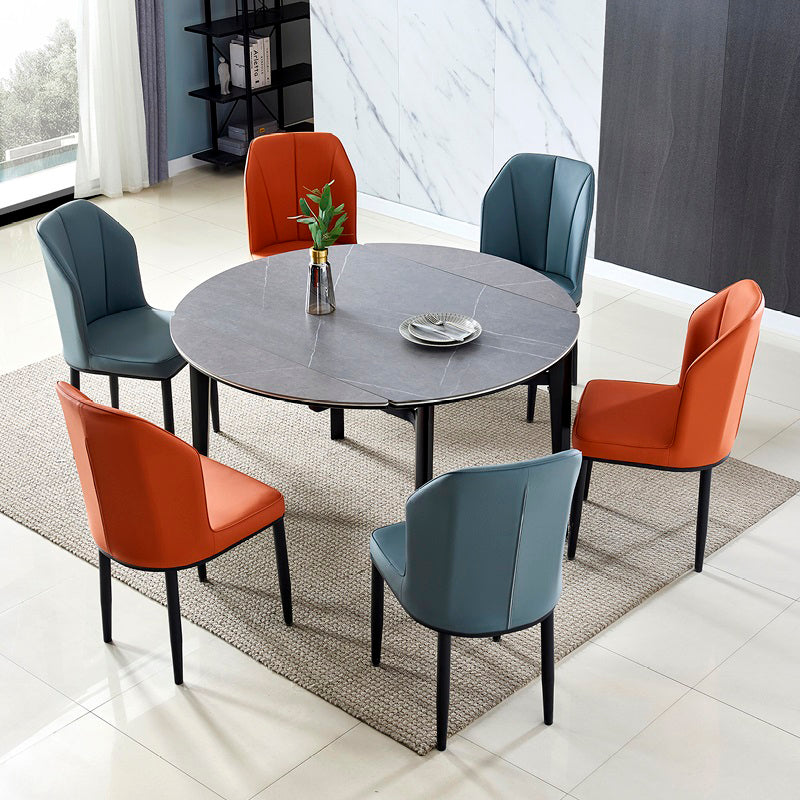 Contemporary Style Round 51.2'' Dining Site Table Stone Drop-Leaf Dining Room Furniture Gray Without Chairs Clearhalo ' dining_table' 'Dining Tables & Seating' 'Dining Tables' 'furn' 'furn_dining_table' 'Furniture' 'furniture_dining_table' 'Kitchen & Dining Furniture' 'kitchen&dining_furn' 'kitchen' 'kitchen_dining_table' 4051384