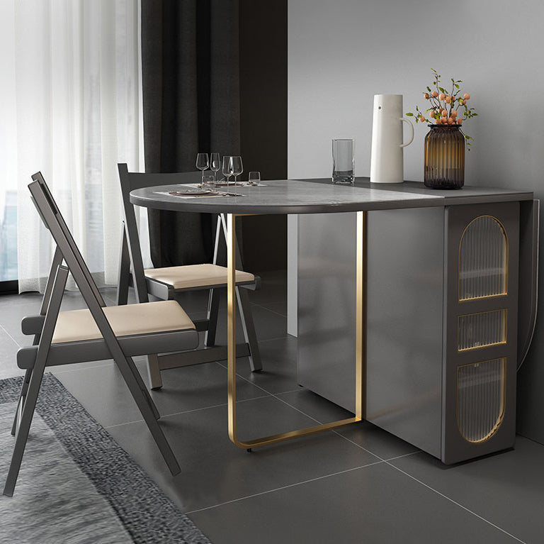 Modern Sintered Stone Dining Table Oval Drop-Leaf 59" Dining Table with Gold Frame Clearhalo ' dining_table' 'Dining Tables & Seating' 'Dining Tables' 'furn' 'furn_dining_table' 'Furniture' 'furniture_dining_table' 'Kitchen & Dining Furniture' 'kitchen&dining_furn' 'kitchen' 'kitchen_dining_table' 4060599