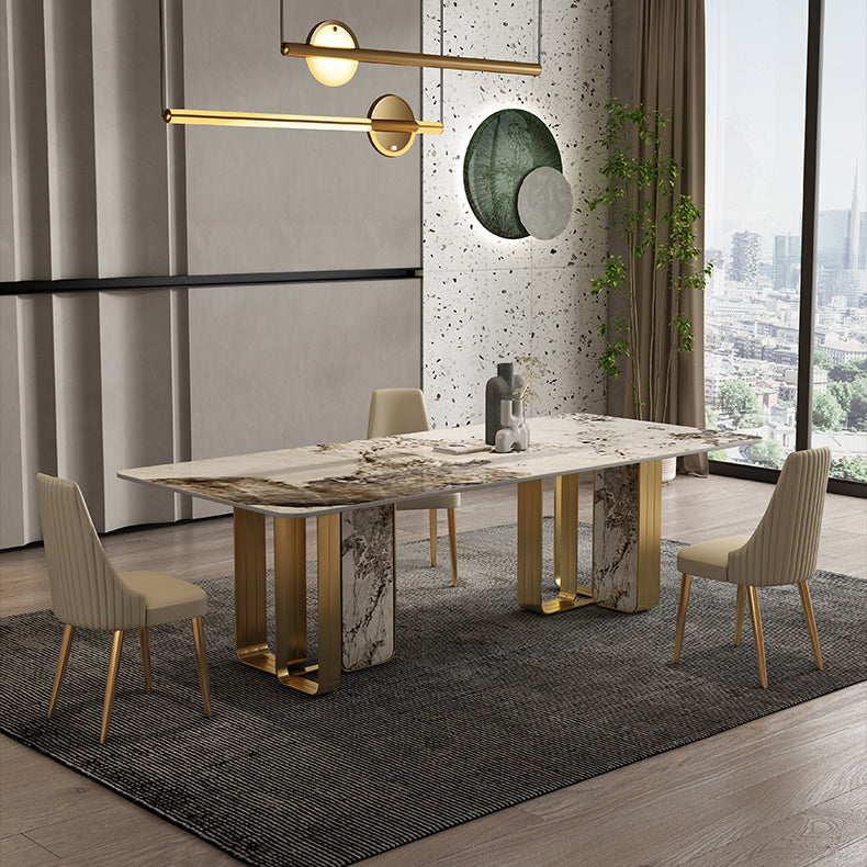 Luxury Sintered Stone Top Dining Table Rectangle Table with Metal and Stone Double Pedestal in Gold Clearhalo ' dining_table' 'Dining Tables & Seating' 'Dining Tables' 'furn' 'furn_dining_table' 'Furniture' 'furniture_dining_table' 'Kitchen & Dining Furniture' 'kitchen&dining_furn' 'kitchen' 'kitchen_dining_table' 4060712