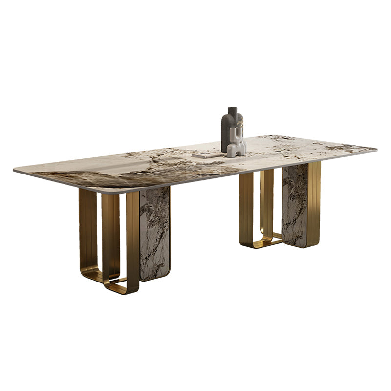 Luxury Sintered Stone Top Dining Table Rectangle Table with Metal and Stone Double Pedestal in Gold Without Chairs Clearhalo ' dining_table' 'Dining Tables & Seating' 'Dining Tables' 'furn' 'furn_dining_table' 'Furniture' 'furniture_dining_table' 'Kitchen & Dining Furniture' 'kitchen&dining_furn' 'kitchen' 'kitchen_dining_table' 4060713
