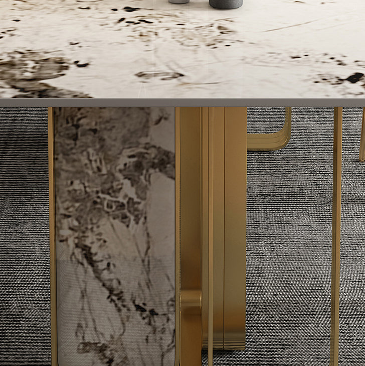 Luxury Sintered Stone Top Dining Table Rectangle Table with Metal and Stone Double Pedestal in Gold Clearhalo ' dining_table' 'Dining Tables & Seating' 'Dining Tables' 'furn' 'furn_dining_table' 'Furniture' 'furniture_dining_table' 'Kitchen & Dining Furniture' 'kitchen&dining_furn' 'kitchen' 'kitchen_dining_table' 4060715
