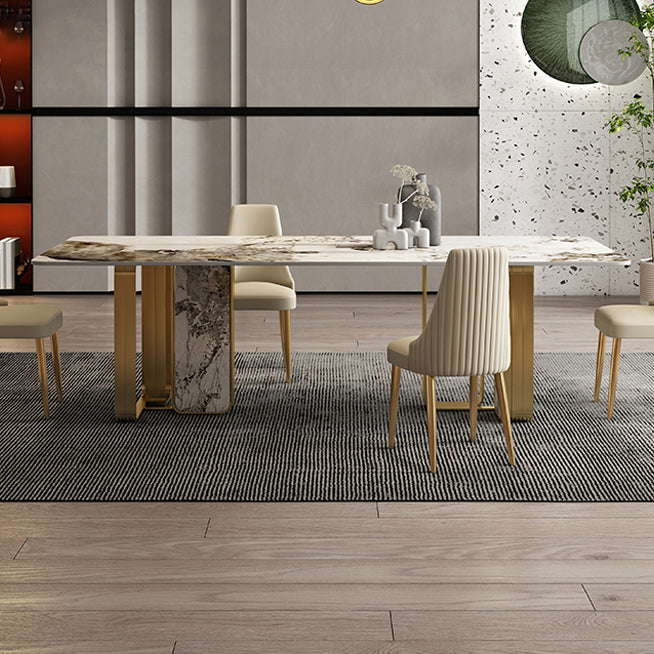 Luxury Sintered Stone Top Dining Table Rectangle Table with Metal and Stone Double Pedestal in Gold Clearhalo ' dining_table' 'Dining Tables & Seating' 'Dining Tables' 'furn' 'furn_dining_table' 'Furniture' 'furniture_dining_table' 'Kitchen & Dining Furniture' 'kitchen&dining_furn' 'kitchen' 'kitchen_dining_table' 4060717