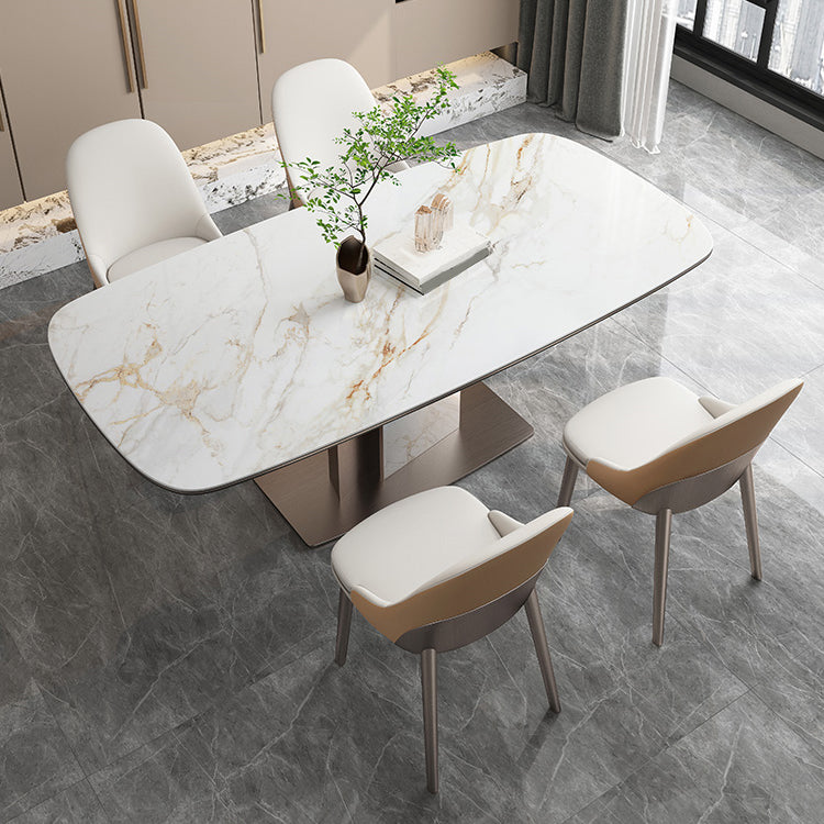 Luxury Sintered Stone Top Dining Table Rectangle Table with Metal Pedestal in Rose Gold Clearhalo ' dining_table' 'Dining Tables & Seating' 'Dining Tables' 'furn' 'furn_dining_table' 'Furniture' 'furniture_dining_table' 'Kitchen & Dining Furniture' 'kitchen&dining_furn' 'kitchen' 'kitchen_dining_table' 4060731