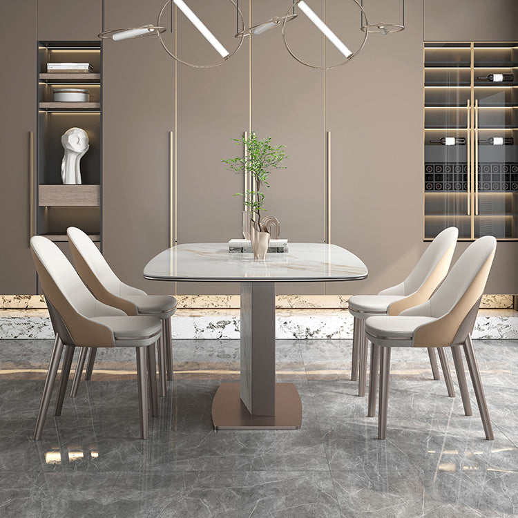 Luxury Sintered Stone Top Dining Table Rectangle Table with Metal Pedestal in Rose Gold Clearhalo ' dining_table' 'Dining Tables & Seating' 'Dining Tables' 'furn' 'furn_dining_table' 'Furniture' 'furniture_dining_table' 'Kitchen & Dining Furniture' 'kitchen&dining_furn' 'kitchen' 'kitchen_dining_table' 4060732