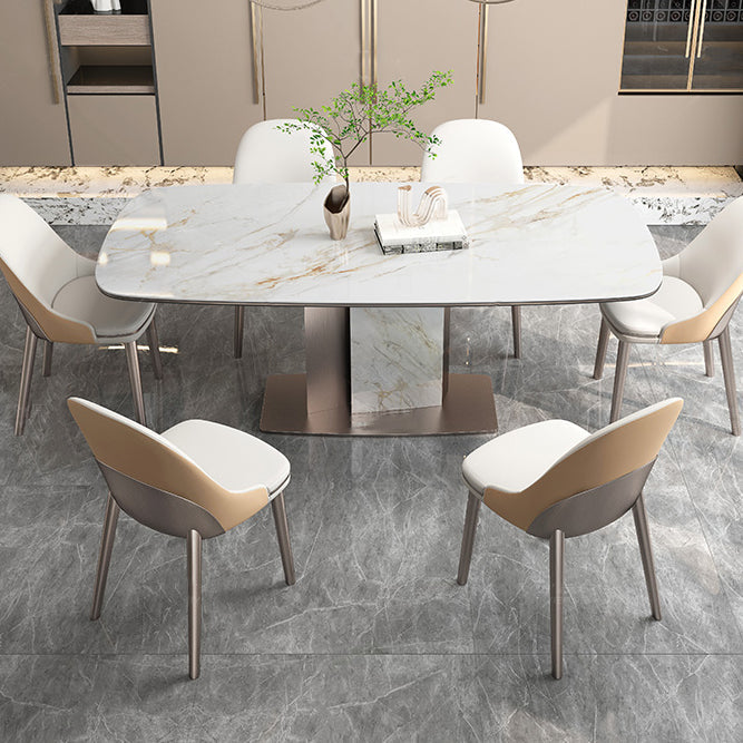 Luxury Sintered Stone Top Dining Table Rectangle Table with Metal Pedestal in Rose Gold Clearhalo ' dining_table' 'Dining Tables & Seating' 'Dining Tables' 'furn' 'furn_dining_table' 'Furniture' 'furniture_dining_table' 'Kitchen & Dining Furniture' 'kitchen&dining_furn' 'kitchen' 'kitchen_dining_table' 4060733
