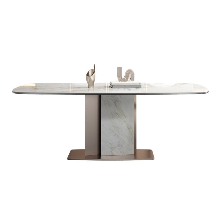 Luxury Sintered Stone Top Dining Table Rectangle Table with Metal Pedestal in Rose Gold Without Chairs Clearhalo ' dining_table' 'Dining Tables & Seating' 'Dining Tables' 'furn' 'furn_dining_table' 'Furniture' 'furniture_dining_table' 'Kitchen & Dining Furniture' 'kitchen&dining_furn' 'kitchen' 'kitchen_dining_table' 4060734