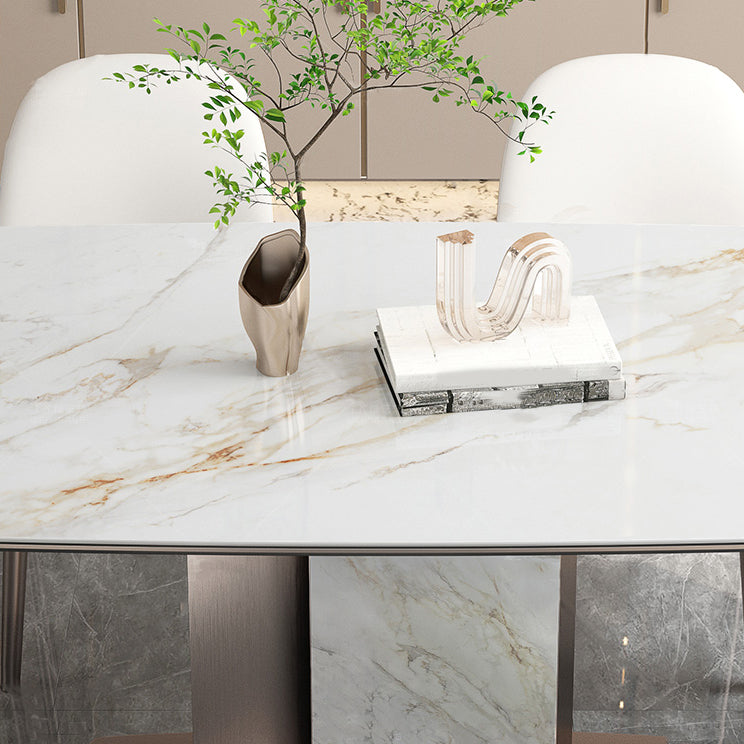 Luxury Sintered Stone Top Dining Table Rectangle Table with Metal Pedestal in Rose Gold Clearhalo ' dining_table' 'Dining Tables & Seating' 'Dining Tables' 'furn' 'furn_dining_table' 'Furniture' 'furniture_dining_table' 'Kitchen & Dining Furniture' 'kitchen&dining_furn' 'kitchen' 'kitchen_dining_table' 4060735