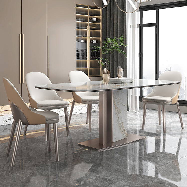 Luxury Sintered Stone Top Dining Table Rectangle Table with Metal Pedestal in Rose Gold Clearhalo ' dining_table' 'Dining Tables & Seating' 'Dining Tables' 'furn' 'furn_dining_table' 'Furniture' 'furniture_dining_table' 'Kitchen & Dining Furniture' 'kitchen&dining_furn' 'kitchen' 'kitchen_dining_table' 4060739