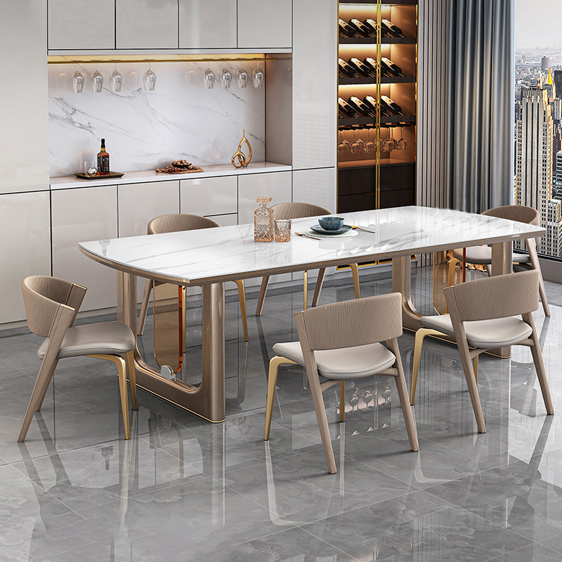Sintered Stone Top Luxury Dining Table Rectangle Table with Gold Double Pedestal Clearhalo ' dining_table' 'Dining Tables & Seating' 'Dining Tables' 'furn' 'furn_dining_table' 'Furniture' 'furniture_dining_table' 'Kitchen & Dining Furniture' 'kitchen&dining_furn' 'kitchen' 'kitchen_dining_table' 4060742