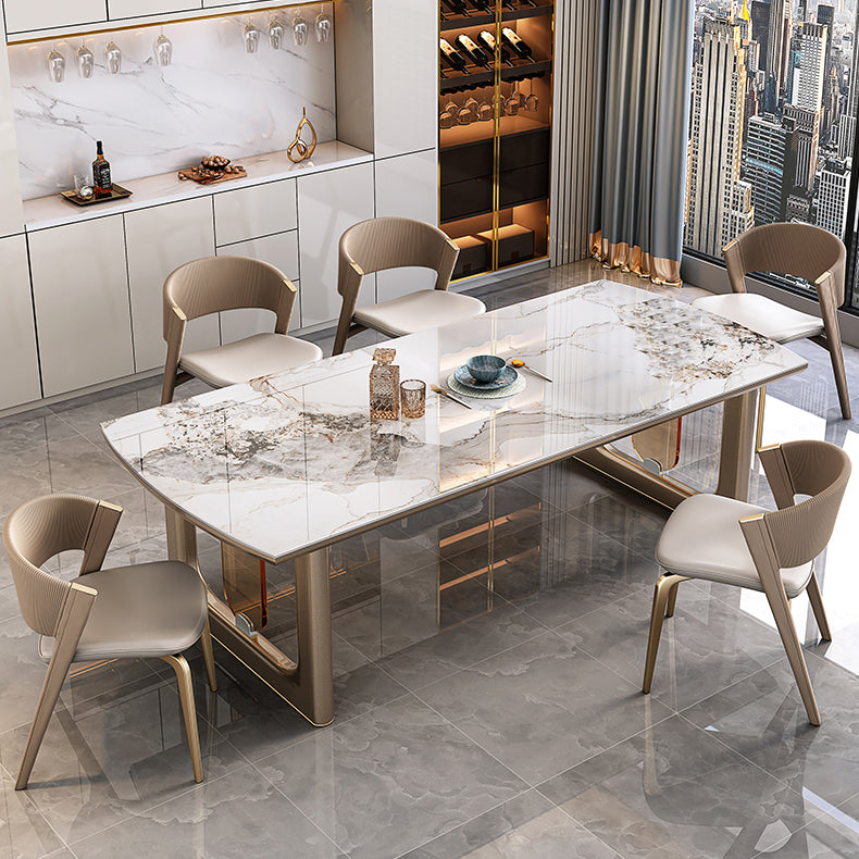 Sintered Stone Top Luxury Dining Table Rectangle Table with Gold Double Pedestal Clearhalo ' dining_table' 'Dining Tables & Seating' 'Dining Tables' 'furn' 'furn_dining_table' 'Furniture' 'furniture_dining_table' 'Kitchen & Dining Furniture' 'kitchen&dining_furn' 'kitchen' 'kitchen_dining_table' 4060743