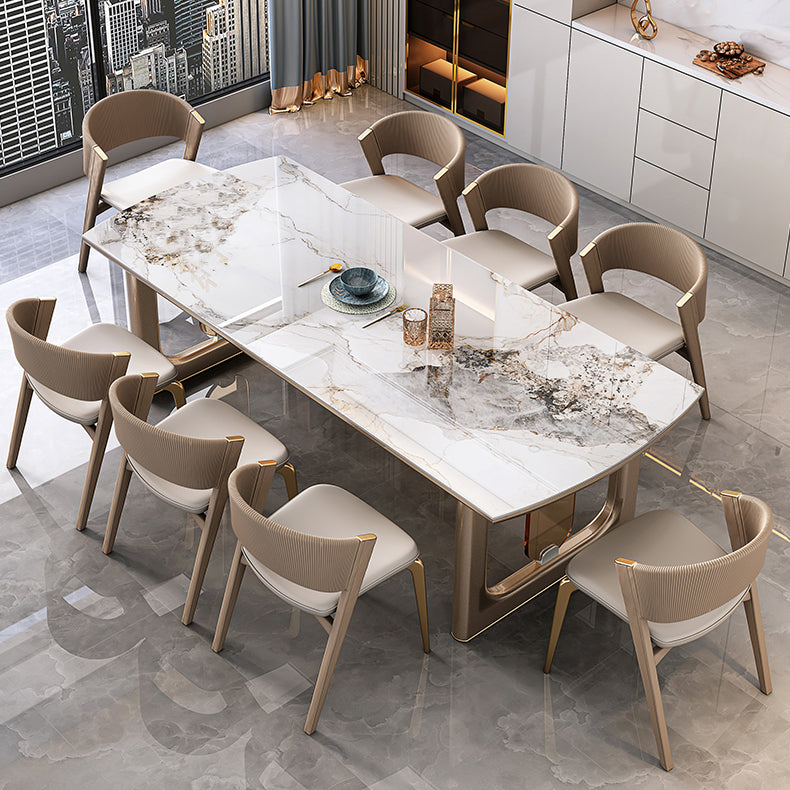 Sintered Stone Top Luxury Dining Table Rectangle Table with Gold Double Pedestal Clearhalo ' dining_table' 'Dining Tables & Seating' 'Dining Tables' 'furn' 'furn_dining_table' 'Furniture' 'furniture_dining_table' 'Kitchen & Dining Furniture' 'kitchen&dining_furn' 'kitchen' 'kitchen_dining_table' 4060745