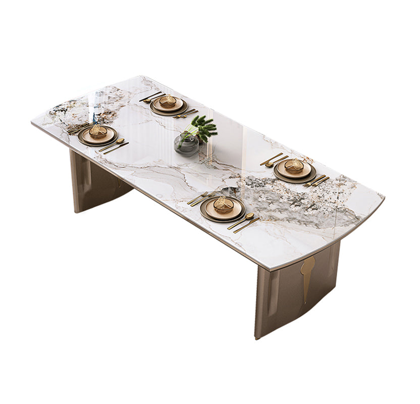 Sintered Stone Top Luxury Dining Table Rectangle Table with Gold Double Pedestal Gold Without Chairs Clearhalo ' dining_table' 'Dining Tables & Seating' 'Dining Tables' 'furn' 'furn_dining_table' 'Furniture' 'furniture_dining_table' 'Kitchen & Dining Furniture' 'kitchen&dining_furn' 'kitchen' 'kitchen_dining_table' 4060746