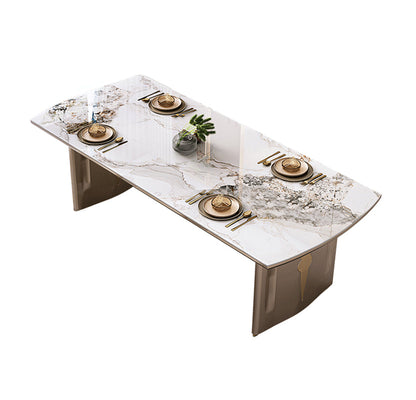 Sintered Stone Top Luxury Dining Table Rectangle Table with Gold Double Pedestal Gold Without Chairs Clearhalo ' dining_table' 'Dining Tables & Seating' 'Dining Tables' 'furn' 'furn_dining_table' 'Furniture' 'furniture_dining_table' 'Kitchen & Dining Furniture' 'kitchen&dining_furn' 'kitchen' 'kitchen_dining_table' 4060746