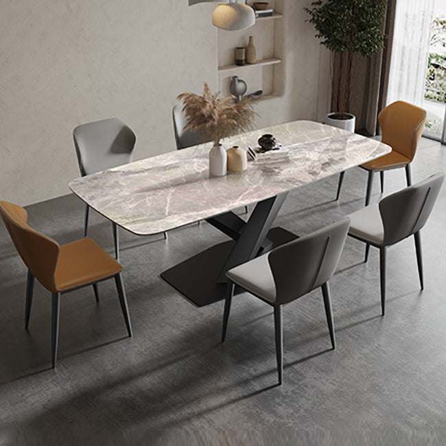 Rectangle Traditional Luxury Dining Table Sintered Stone Table with Black Pedestal Base Clearhalo ' dining_table' 'Dining Tables & Seating' 'Dining Tables' 'furn' 'furn_dining_table' 'Furniture' 'furniture_dining_table' 'Kitchen & Dining Furniture' 'kitchen&dining_furn' 'kitchen' 'kitchen_dining_table' 4060793