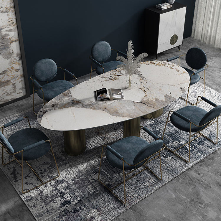 Oval Traditional Luxury Dining Table White Sintered Stone Table with 3 Gold Legs Clearhalo ' dining_table' 'Dining Tables & Seating' 'Dining Tables' 'furn' 'furn_dining_table' 'Furniture' 'furniture_dining_table' 'Kitchen & Dining Furniture' 'kitchen&dining_furn' 'kitchen' 'kitchen_dining_table' 4060875