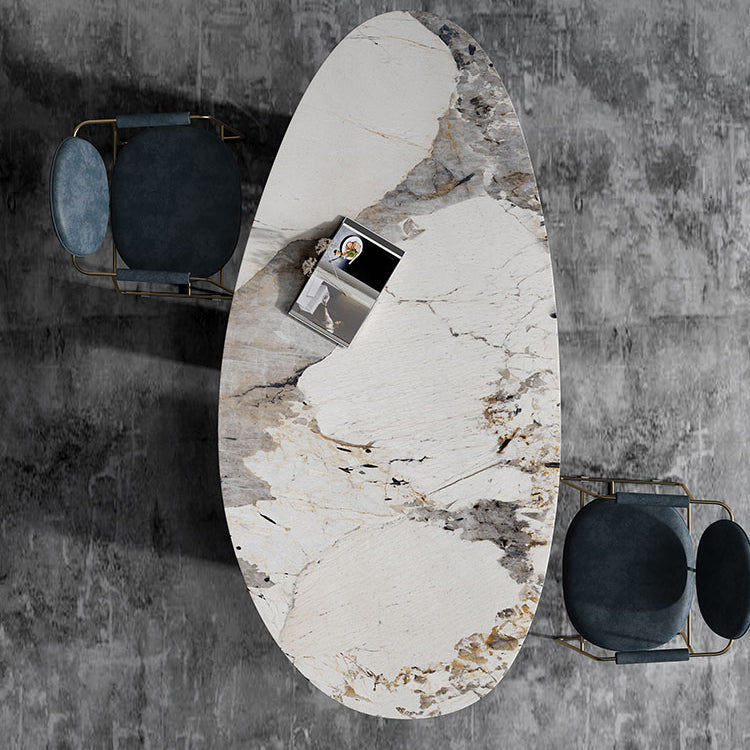 Oval Traditional Luxury Dining Table White Sintered Stone Table with 3 Gold Legs Clearhalo ' dining_table' 'Dining Tables & Seating' 'Dining Tables' 'furn' 'furn_dining_table' 'Furniture' 'furniture_dining_table' 'Kitchen & Dining Furniture' 'kitchen&dining_furn' 'kitchen' 'kitchen_dining_table' 4060876