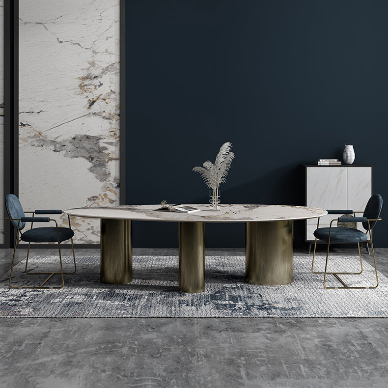 Oval Traditional Luxury Dining Table White Sintered Stone Table with 3 Gold Legs Clearhalo ' dining_table' 'Dining Tables & Seating' 'Dining Tables' 'furn' 'furn_dining_table' 'Furniture' 'furniture_dining_table' 'Kitchen & Dining Furniture' 'kitchen&dining_furn' 'kitchen' 'kitchen_dining_table' 4060877