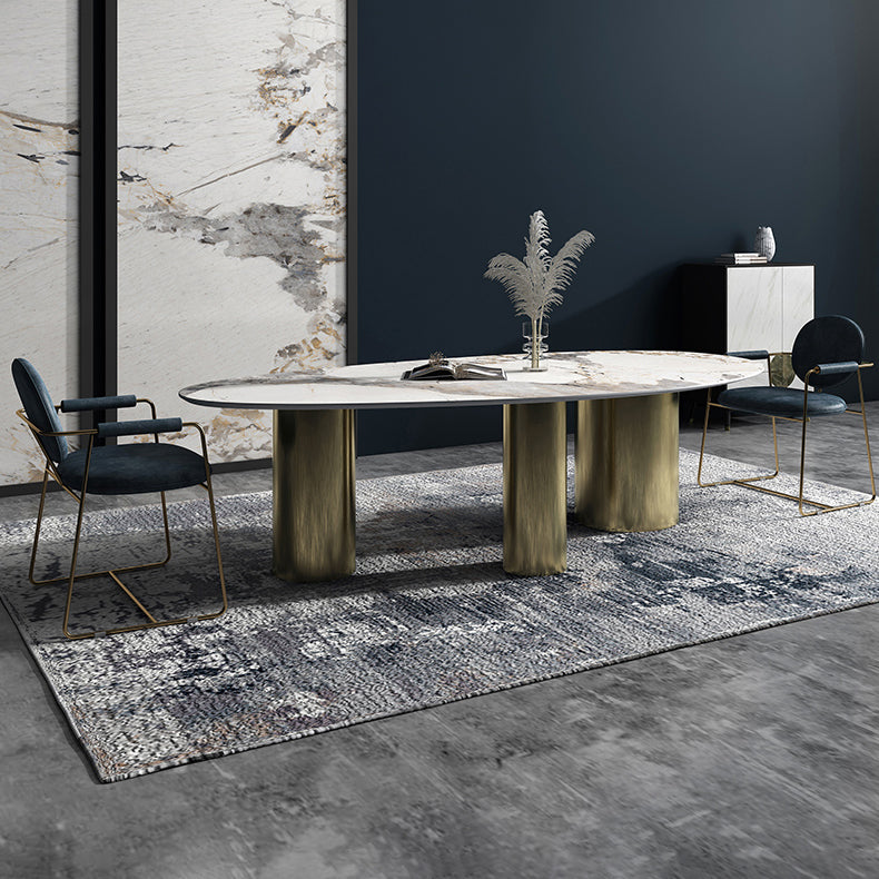 Oval Traditional Luxury Dining Table White Sintered Stone Table with 3 Gold Legs Clearhalo ' dining_table' 'Dining Tables & Seating' 'Dining Tables' 'furn' 'furn_dining_table' 'Furniture' 'furniture_dining_table' 'Kitchen & Dining Furniture' 'kitchen&dining_furn' 'kitchen' 'kitchen_dining_table' 4060878