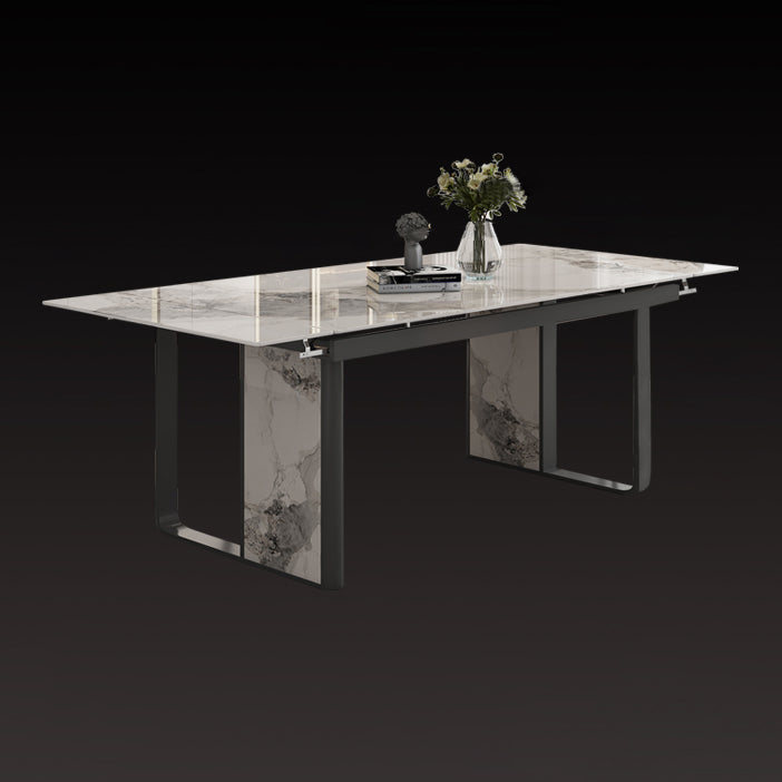 Traditional Luxury Style Dining Table Rectangle Sintered Stone Table with Double Pedestal Black White Without Chairs Clearhalo ' dining_table' 'Dining Tables & Seating' 'Dining Tables' 'furn' 'furn_dining_table' 'Furniture' 'furniture_dining_table' 'Kitchen & Dining Furniture' 'kitchen&dining_furn' 'kitchen' 'kitchen_dining_table' 4067884