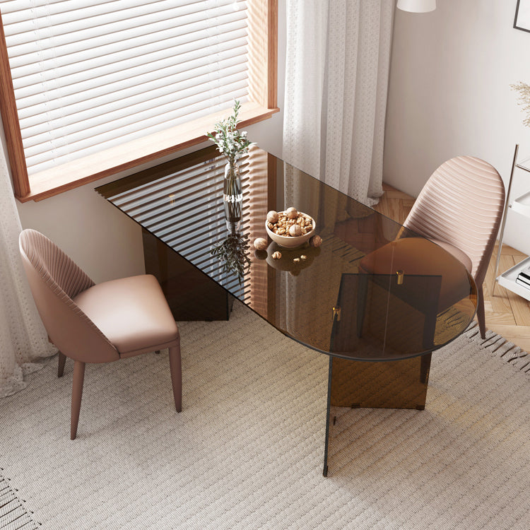 Contemporary Style Tempered Glass Dining Table Double Pedestal Base Free Form Table Clearhalo ' dining_table' 'Dining Tables & Seating' 'Dining Tables' 'furn' 'furn_dining_table' 'Furniture' 'furniture_dining_table' 'Kitchen & Dining Furniture' 'kitchen&dining_furn' 'kitchen' 'kitchen_dining_table' 4086321