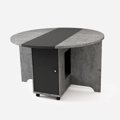 Foldable Artificial Wooden Top Table Extendable Round Table with Trestle Base Gray Without Chairs Clearhalo ' dining_table' 'Dining Tables & Seating' 'Dining Tables' 'furn' 'furn_dining_table' 'Furniture' 'furniture_dining_table' 'Kitchen & Dining Furniture' 'kitchen&dining_furn' 'kitchen' 'kitchen_dining_table' 4086646