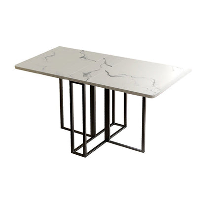 Foldable Artificial Wooden Top Dining Table Extendable Rectangle Table with Trestle Base Black White Without Chairs Clearhalo ' dining_table' 'Dining Tables & Seating' 'Dining Tables' 'furn' 'furn_dining_table' 'Furniture' 'furniture_dining_table' 'Kitchen & Dining Furniture' 'kitchen&dining_furn' 'kitchen' 'kitchen_dining_table' 4086683