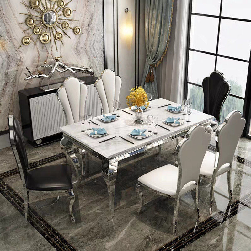 Marble Dining Table Luxury Style 4 Legs Metallic Base Rectangle Table for Home Silver Without Chairs Clearhalo ' dining_table' 'Dining Tables & Seating' 'Dining Tables' 'furn' 'furn_dining_table' 'Furniture' 'furniture_dining_table' 'Kitchen & Dining Furniture' 'kitchen&dining_furn' 'kitchen' 'kitchen_dining_table' 4086725