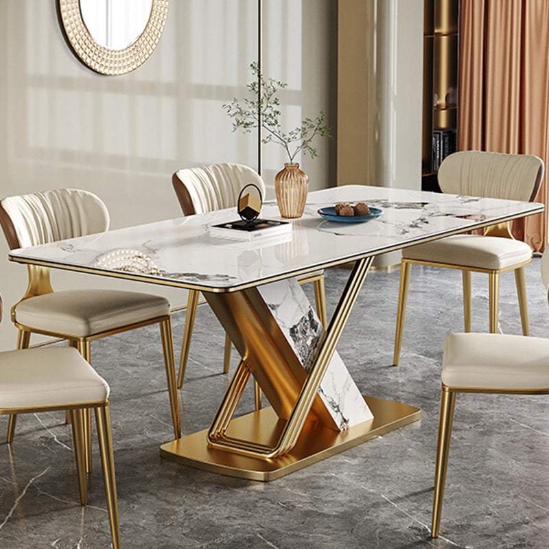 Traditional Luxury Style Dining Table Rectangle White Sintered Stone Table with Gold Frame Clearhalo ' dining_table' 'Dining Tables & Seating' 'Dining Tables' 'furn' 'furn_dining_table' 'Furniture' 'furniture_dining_table' 'Kitchen & Dining Furniture' 'kitchen&dining_furn' 'kitchen' 'kitchen_dining_table' 4092026