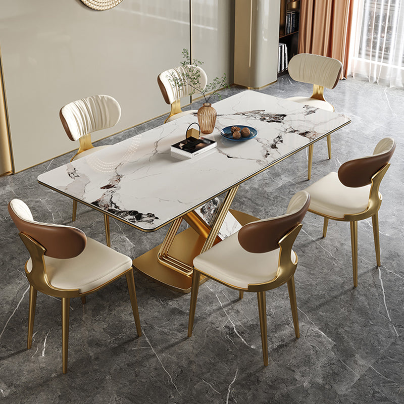 Traditional Luxury Style Dining Table Rectangle White Sintered Stone Table with Gold Frame Clearhalo ' dining_table' 'Dining Tables & Seating' 'Dining Tables' 'furn' 'furn_dining_table' 'Furniture' 'furniture_dining_table' 'Kitchen & Dining Furniture' 'kitchen&dining_furn' 'kitchen' 'kitchen_dining_table' 4092027
