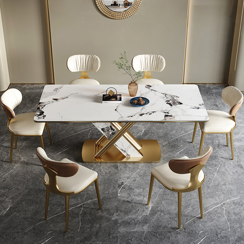 Traditional Luxury Style Dining Table Rectangle White Sintered Stone Table with Gold Frame Clearhalo ' dining_table' 'Dining Tables & Seating' 'Dining Tables' 'furn' 'furn_dining_table' 'Furniture' 'furniture_dining_table' 'Kitchen & Dining Furniture' 'kitchen&dining_furn' 'kitchen' 'kitchen_dining_table' 4092028