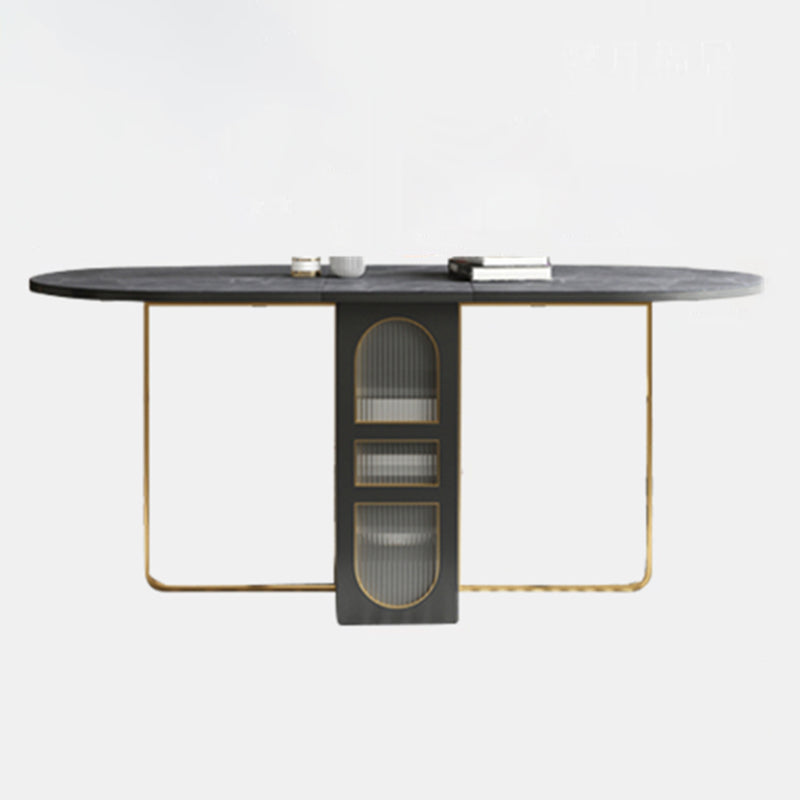 59-inch Oval Shape Casual Dining Table Two-Color Extendable Table with Sintered Stone Grey Without Chairs Clearhalo ' dining_table' 'Dining Tables & Seating' 'Dining Tables' 'furn' 'furn_dining_table' 'Furniture' 'furniture_dining_table' 'Kitchen & Dining Furniture' 'kitchen&dining_furn' 'kitchen' 'kitchen_dining_table' 4092148