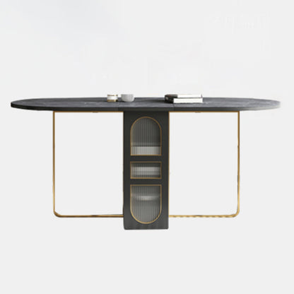 59-inch Oval Shape Casual Dining Table Two-Color Extendable Table with Sintered Stone Grey Without Chairs Clearhalo ' dining_table' 'Dining Tables & Seating' 'Dining Tables' 'furn' 'furn_dining_table' 'Furniture' 'furniture_dining_table' 'Kitchen & Dining Furniture' 'kitchen&dining_furn' 'kitchen' 'kitchen_dining_table' 4092148