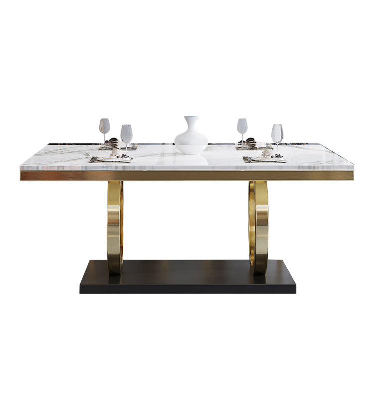 Rectangle Traditional Luxury Dining Table Gold Trestle Base Table for Dining Room White Without Chairs Clearhalo ' dining_table' 'Dining Tables & Seating' 'Dining Tables' 'furn' 'furn_dining_table' 'Furniture' 'furniture_dining_table' 'Kitchen & Dining Furniture' 'kitchen&dining_furn' 'kitchen' 'kitchen_dining_table' 4110666