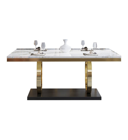 Rectangle Traditional Luxury Dining Table Gold Trestle Base Table for Dining Room White Without Chairs Clearhalo ' dining_table' 'Dining Tables & Seating' 'Dining Tables' 'furn' 'furn_dining_table' 'Furniture' 'furniture_dining_table' 'Kitchen & Dining Furniture' 'kitchen&dining_furn' 'kitchen' 'kitchen_dining_table' 4110666