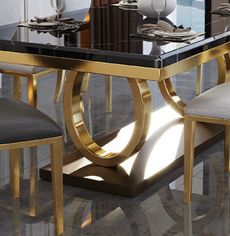 Rectangle Traditional Luxury Dining Table Gold Trestle Base Table for Dining Room Clearhalo ' dining_table' 'Dining Tables & Seating' 'Dining Tables' 'furn' 'furn_dining_table' 'Furniture' 'furniture_dining_table' 'Kitchen & Dining Furniture' 'kitchen&dining_furn' 'kitchen' 'kitchen_dining_table' 4110668