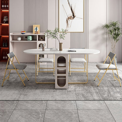 Contemporary Oval Dining Table Sintered Stone Drop-Leaf Table for Dining Room,59"L x 29.5"H Beige Without Chairs Clearhalo ' dining_table' 'Dining Tables & Seating' 'Dining Tables' 'furn' 'furn_dining_table' 'Furniture' 'furniture_dining_table' 'Kitchen & Dining Furniture' 'kitchen&dining_furn' 'kitchen' 'kitchen_dining_table' 4110689